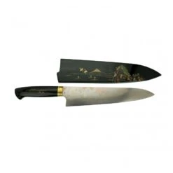 Takeshi Saji Takeshi Saji Makie -Art R2 AOGAMI NO.2 Coloured Damascus Japanese Chef's Gyuuto Knife 240mm With Urushi Laquered Saya And Handle FUJI On Lake -Knives Shop takeshi saji makie art r2 aogami no 2 coloured damascus japanese chefs gyuuto knife 240mm with urushi laquered saya and handle fuji on lake p2120 12033 image